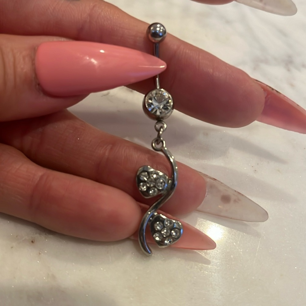 Belly button ring, hanging heart charm w/ crystals body jewelry surgical steel